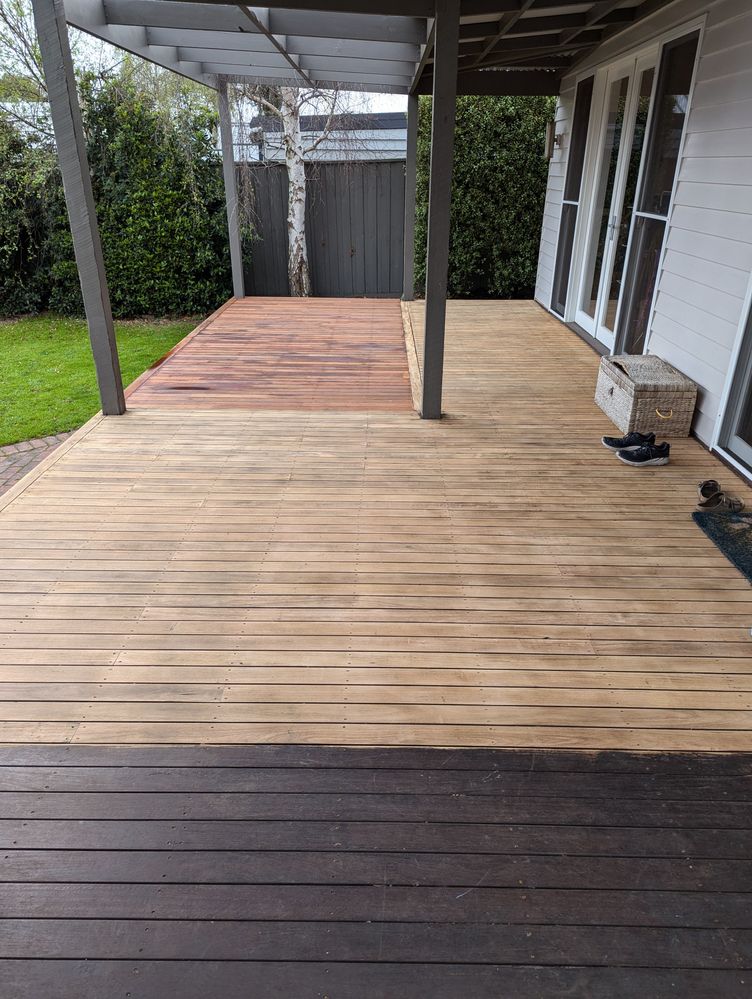 New deck (top left), sanded old deck, and un-sanded old deck