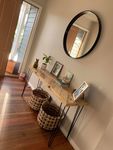Herringbone Pallet Console Table. Made from recycled pallets, finished off with steel hairpin legs Purchased from Bunnings