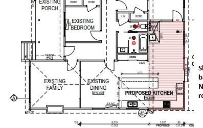 Glass sliding door to backyard will be next to the fridge. There is pretty much no overhanging roof at this point