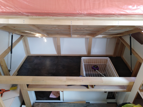 Bed frame from pine with ply slats and gas struts to hold up